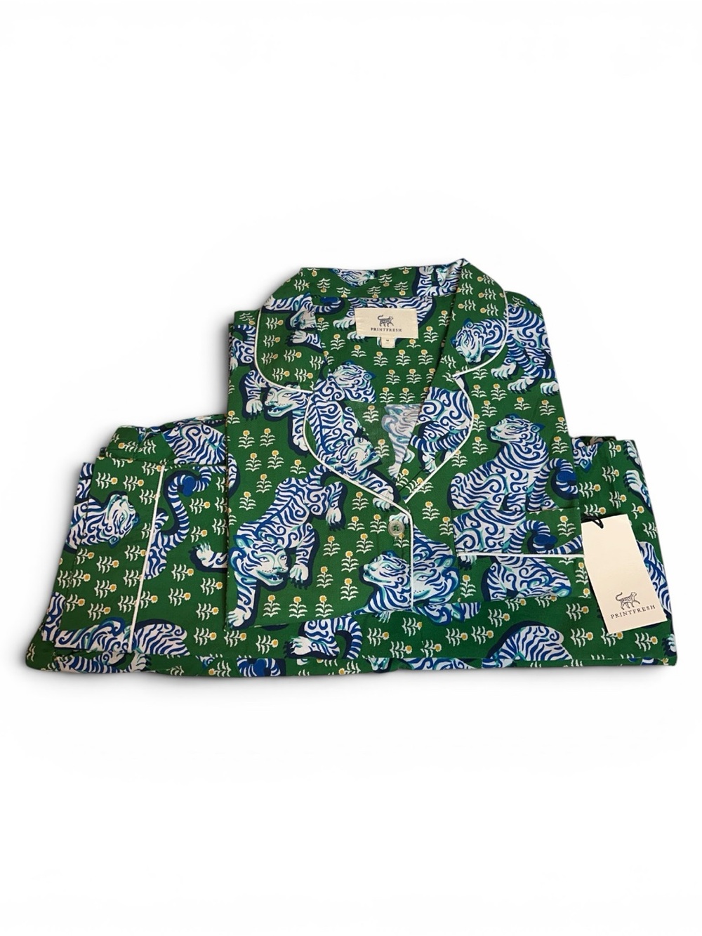 NWT Printfresh Tiger Queen Sz M Pajama Set Organic Cotton Green Blue Retail $168 - Picture 3 of 6